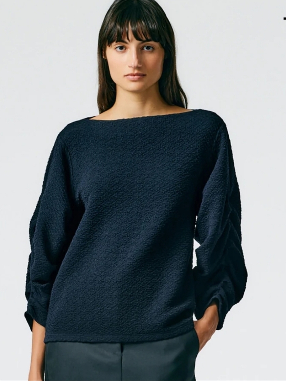 Moue Jersey Boatneck Ruched Pleat Sleeve Top M 6
